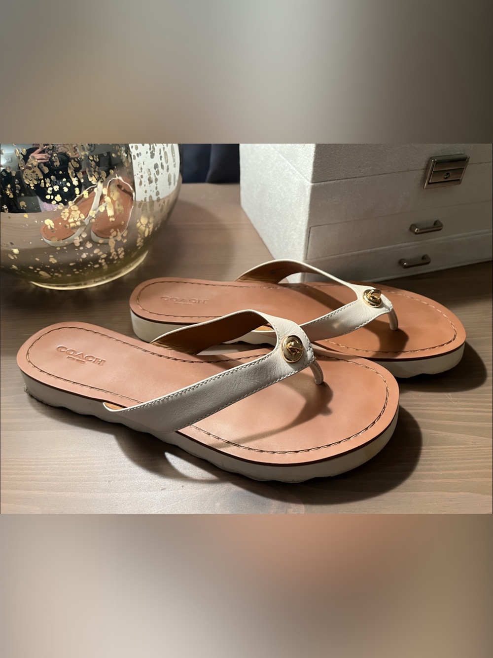 Coach Cream Leather Thong Sandals with Gold Logo Accent